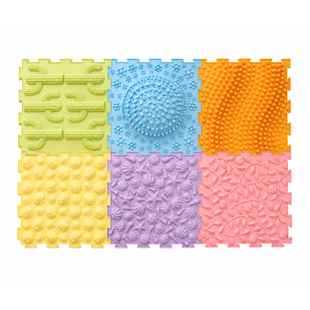 Pastel sensory path texture mats laid out as a product shot